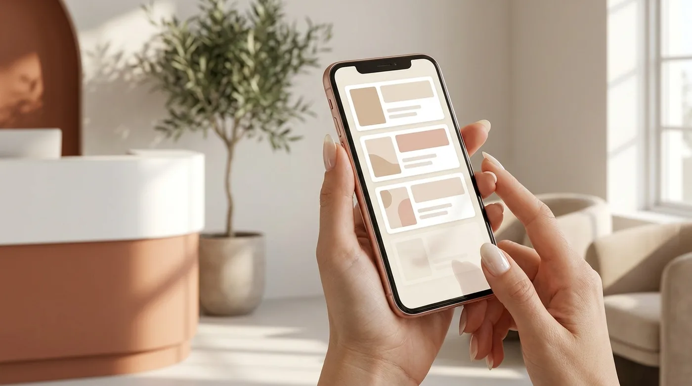 Mãos segurando um smartphone com resultados de busca, em ambiente de clínica de estética com luz natural