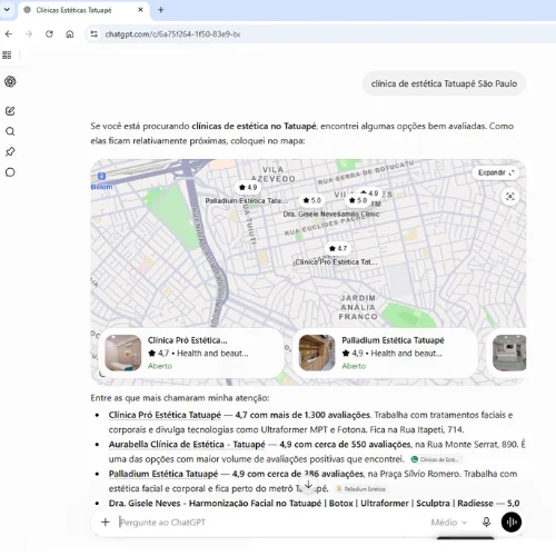 Captura de tela real da resposta do ChatGPT sobre clínica de estética Tatuapé São Paulo